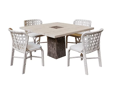 Outdoor Square Table With Wooden Top Marble Base And Four White Woven Rattan Chairs 3d model