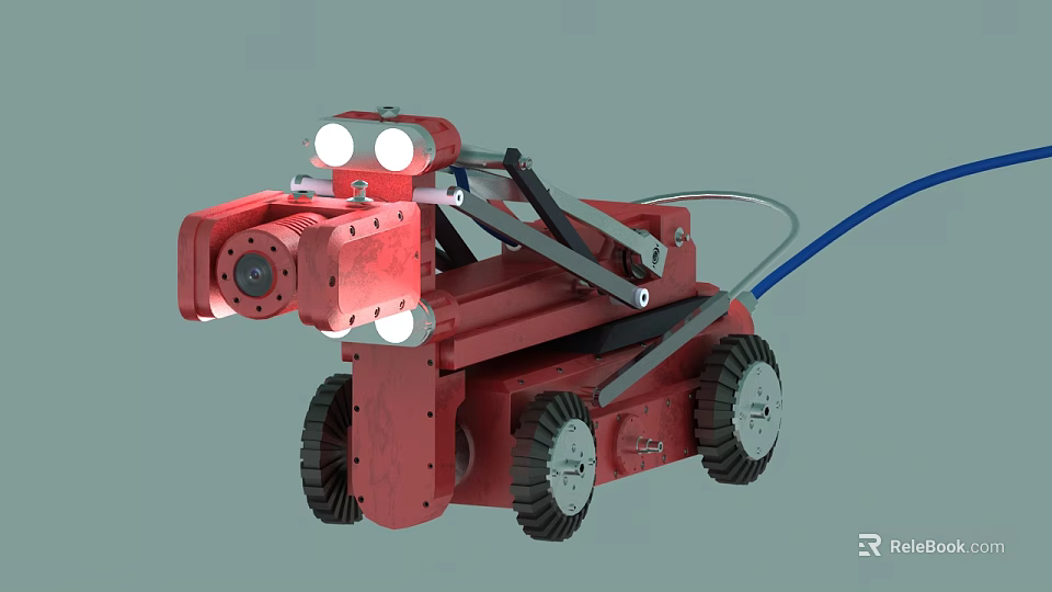Red Smart Robot With Mechanical Arm Wheels Lights And Blue Cable 3d model