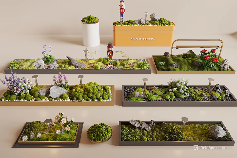 Miniature Landscapes With Moss Small Plants Stones Toy Soldiers In Trays And Maintenance Box 3d model 