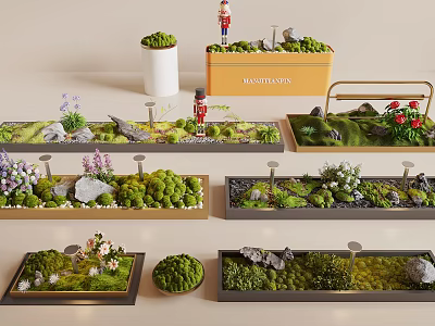 Miniature Landscapes With Moss Small Plants Stones Toy Soldiers In Trays And Maintenance Box 3d model