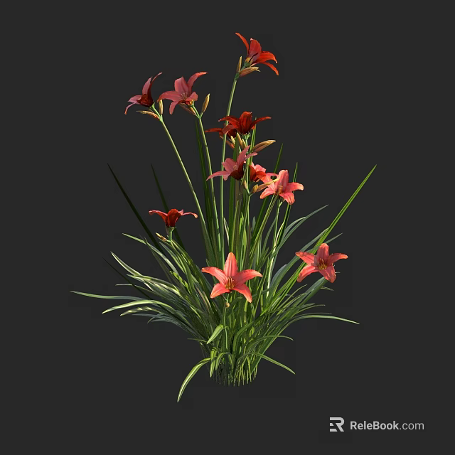 Bonsai Potted Plant With Vibrant Red And Pink Lilies And Long Green Leaves 3d model 