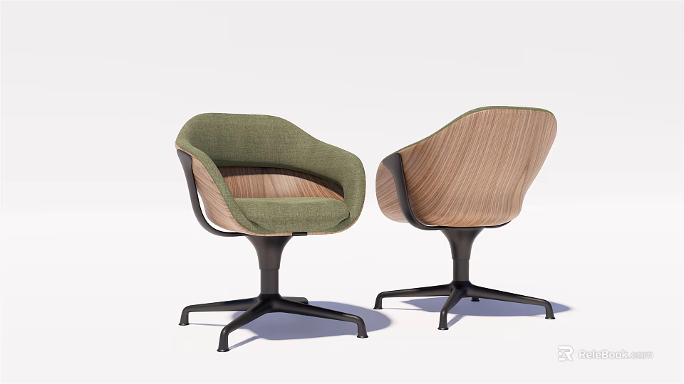 Modern Office Chair Green Fabric And Wooden Back With Swivel Base Design 3d model 