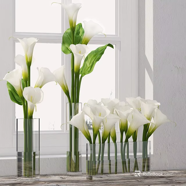 White Calla Lilies in Transparent Glass Vases with Green Leaves and Natural Light 3d model 