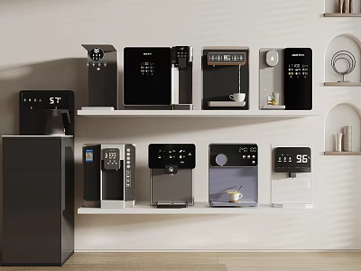 Modern Stylish Shelf Display Featuring Various Daily Use Home Appliances And Coffee Makers 3d model