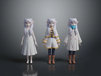Three Children Characters With Pointed Ears In Different Outfits Standing Together 3d model