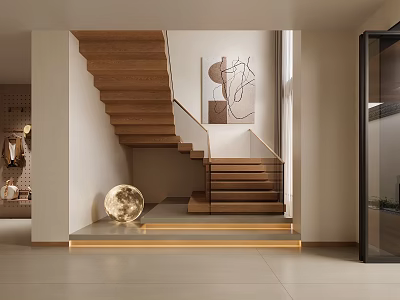 Modern Entryway Hall Design With Wooden Stairs Abstract Painting Round Decorative Object And Lighting 3d model