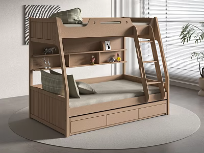 Modern Wooden Bunk Bed with Drawers Ladder and Storage Shelves in Cozy Bedroom 3d model