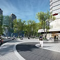 Rainy Day Plaza Landscape With Modern Buildings Trees Circular Walkways Water Pools And People Walking