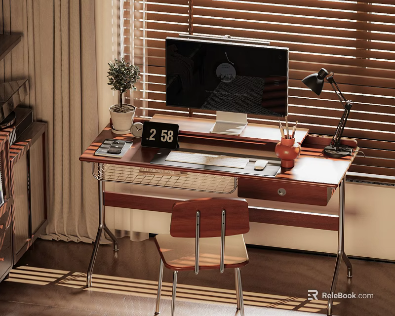 Wooden Desk And Chair Set For Home Office With Computer Monitor Desk Lamp And Plant 3d model 