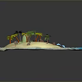Lush Tropical Palm Trees on Sandy Beach with Blue Water Turtle Stones and Red Flowers