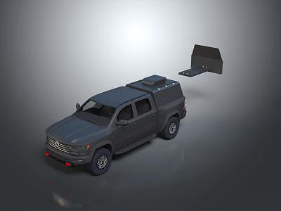 Gray Military Pickup Truck With Roof Mounted Equipment And Rear Deployable Platform 3d model
