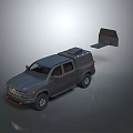 Gray Military Pickup Truck With Roof Mounted Equipment And Rear Deployable Platform