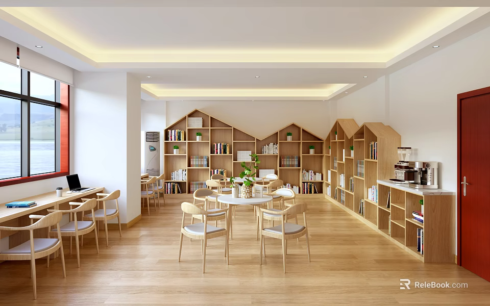 Book Art Inspired Reading Space With House Shaped Wooden Bookshelves Round Tables And Coffee Bar 3d model 