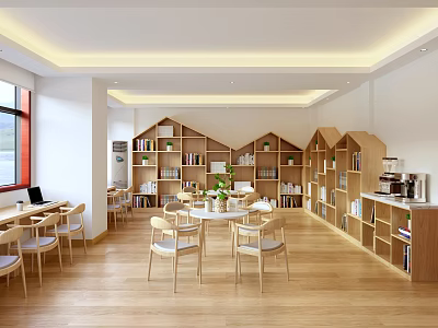 Book Art Inspired Reading Space With House Shaped Wooden Bookshelves Round Tables And Coffee Bar 3d model