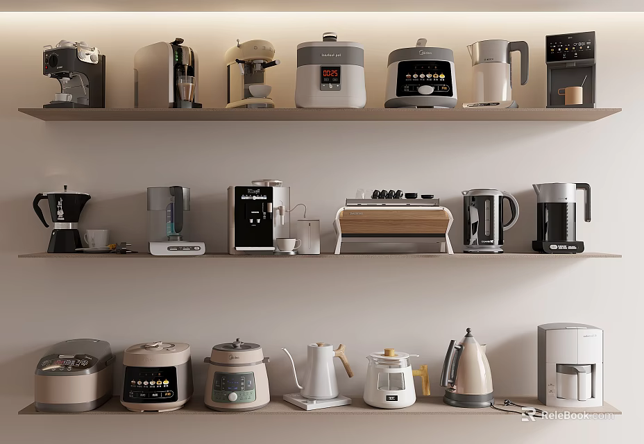 Various Kitchen Appliances Arranged On Shelves With Modern Design And Functionality 3d model