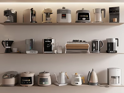 Various Kitchen Appliances Arranged On Shelves With Modern Design And Functionality 3d model
