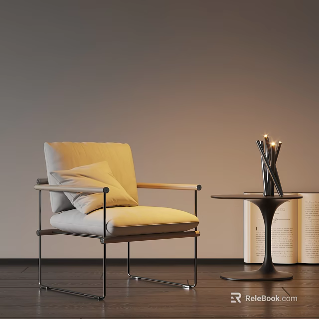 Beige Upholstered Accent Chair With Metal Frame And Side Table With Candles And Open Books 3d model 