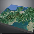 3D Topographic Terrain Model with Green Mountain Ranges Blue Water Bodies and White Land Areas