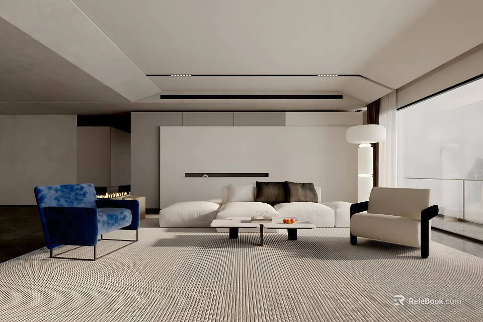 Modern Living Room Interior With White Sofa Blue Beige Chairs Coffee Table And Striped Rug 3d model 