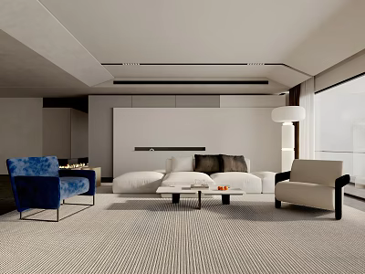 Modern Living Room Interior With White Sofa Blue Beige Chairs Coffee Table And Striped Rug 3d model