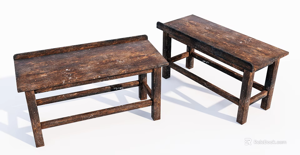 Vintage Wooden Benches With Rustic Aged Wood And Simple Structure Design 3d model 