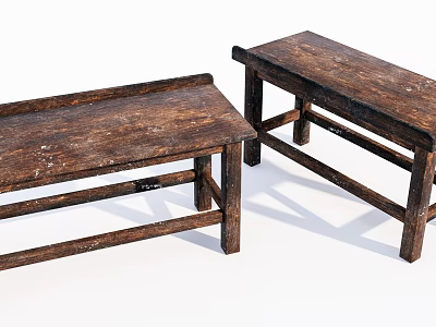 Vintage Wooden Benches With Rustic Aged Wood And Simple Structure Design 3d model