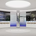 Modern Style Showroom With Curved Screens Central Column White Circular Seats And Geometric Ceiling