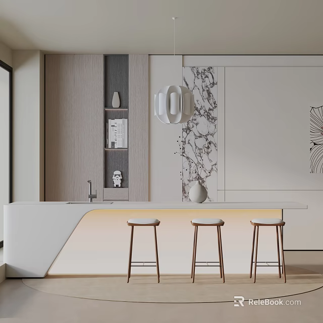 Modern Kitchen Dining Set With White Bar Table Three Wooden Stools And Marble Decor 3d model 