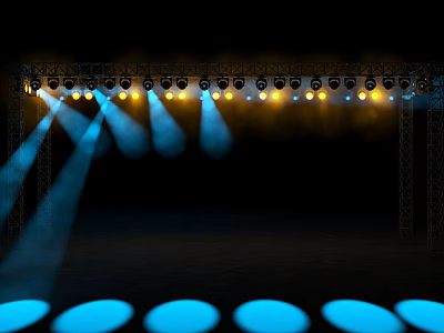 Stage Decorative Lights Arranged on Truss with Blue Yellow Light Beams Illuminating Stage 3d model