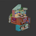 Cartoon Scene with 3D Multi Level Structure Colorful Rooms Staircase Windows and Decorations