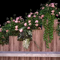 Garden Landscape Seat With Wooden Structure Pink Flowers Green Vines And Lush Plants
