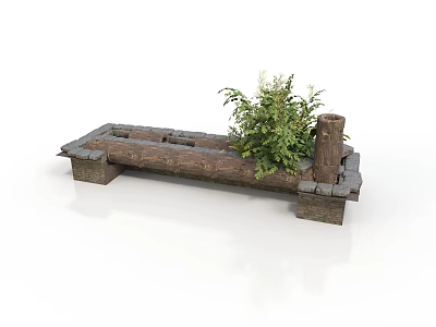 Modern Outdoor Wooden Planter Structure With Green Plant And Brick Supports 3d model