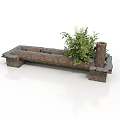 Modern Outdoor Wooden Planter Structure With Green Plant And Brick Supports