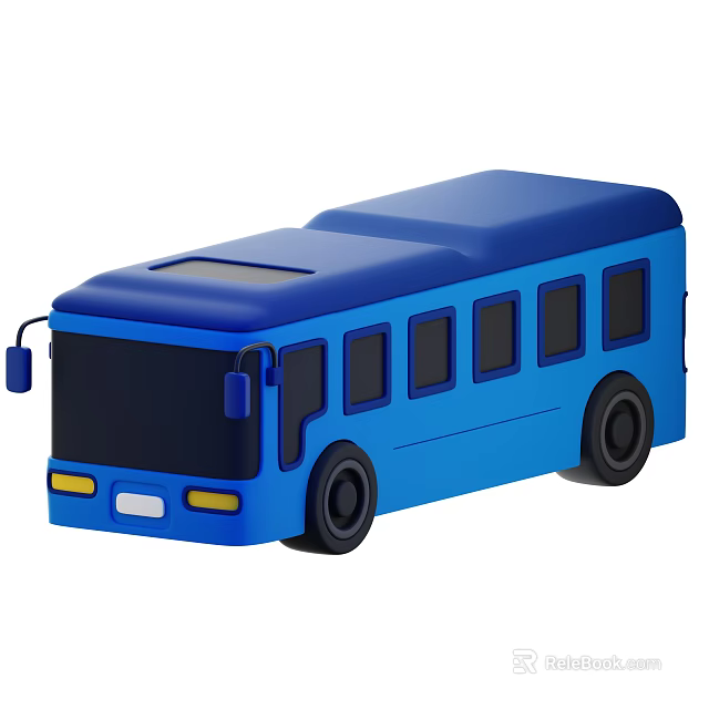 Blue Bus Cartoon Illustration With Simple Design Black Wheels And Window Details 3d model 
