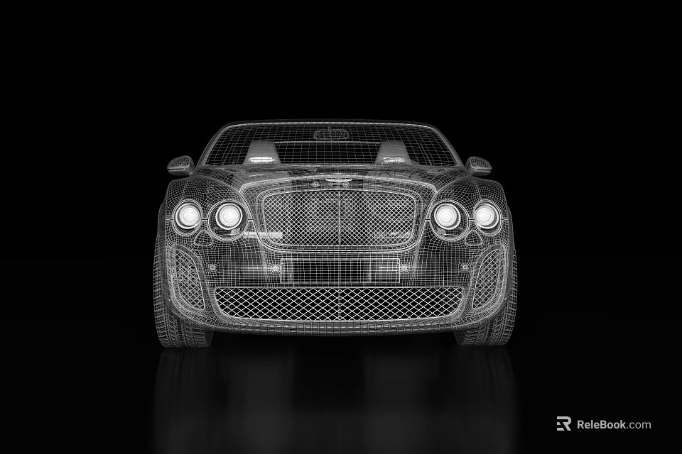 3D Wireframe Model of Bentley Continental GT on Black Background With Reflection 3d model