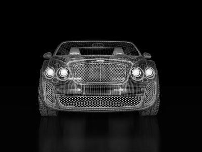 3D Wireframe Model of Bentley Continental GT on Black Background With Reflection 3d model