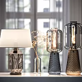 Modern Table Lamps with Glass Shades Textured Bases by Window with Vase and Flowers