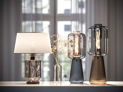 Modern Table Lamps with Glass Shades Textured Bases by Window with Vase and Flowers 3d model