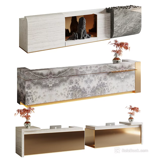 Modern Reception Desk With Marble Pattern Surface Gold Trim And Small Plants 3d model
