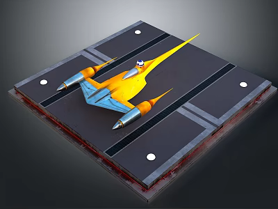 Yellow and Blue Spaceship Parked on Black Platform With Gray Stripes and White Dots 3d model