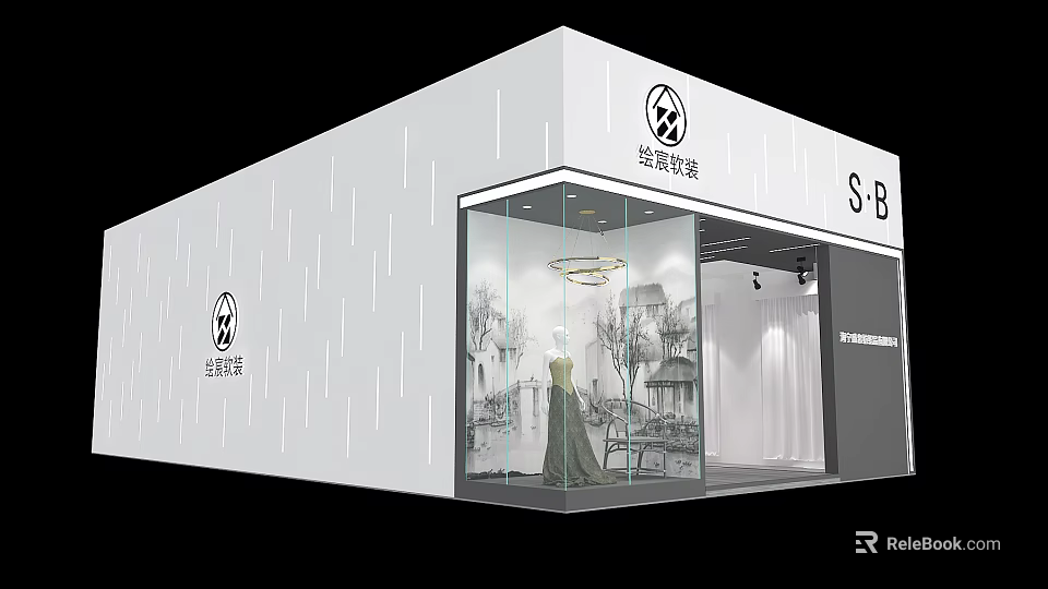 Dazzle Fashion Boutique White Exterior Glass Window Display Mannequin Dress Black White Landscape Art 3d model 