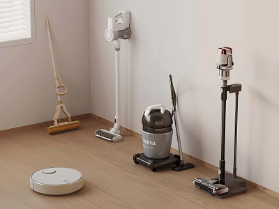 Essential Home Cleaning Tools Including Robot Vacuum Mop Upright and Bucket Cleaners 3d model