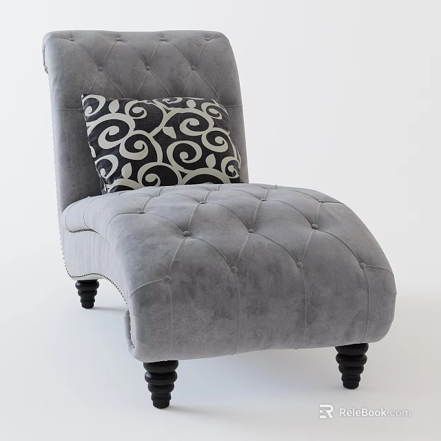 Gray Tufted Velvet Lounge Chair With Black White Swirl Pattern Pillow And Dark Legs 3d model 