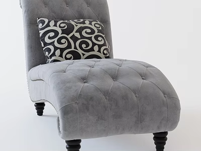 Gray Tufted Velvet Lounge Chair With Black White Swirl Pattern Pillow And Dark Legs 3d model