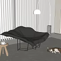Modern Black Chaise Lounge With Small Wooden Stool Cat On Rug And Floor Lamp