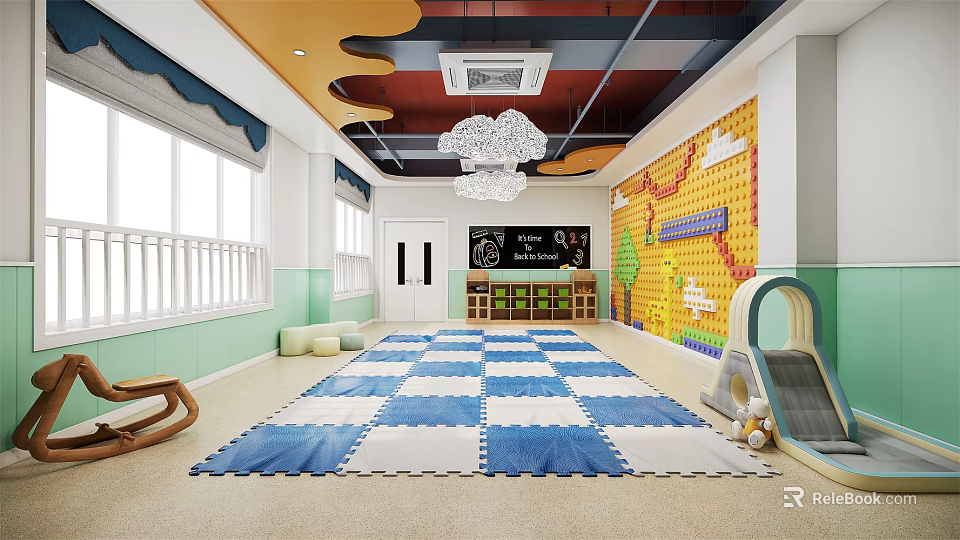 School Activity Room With Colorful Checkered Mat Slide Blackboard And Decorative Wall 3d model
