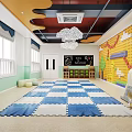 School Activity Room With Colorful Checkered Mat Slide Blackboard And Decorative Wall 3d model