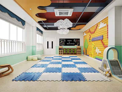 School Activity Room With Colorful Checkered Mat Slide Blackboard And Decorative Wall 3d model