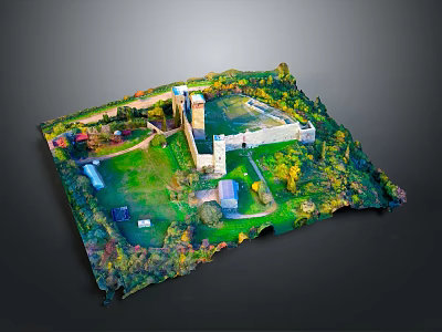 Scenic Landscape With Castle Fortress Green Grass Trees And Miniature Architectural Structures 3d model