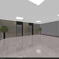 Modern Elevator Lobby With Multiple Doors Marble Flooring And Potted Plants 3d model